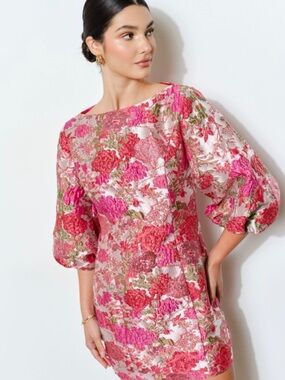 INA Floral Jacquard Mini Dress Pink Coral Puff Sleeve Shift Dress Size S NWT